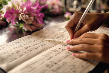 Female hands writing letter in composition with flowers in background. Literature, composition, creativity