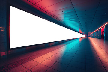 Empty corridor with futuristic neon lighting and large blank billboard with mockup space mounted on wall