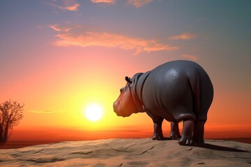 African hippopotamus for Africa Day at sunrise. AI generated. - obrazy, fototapety, plakaty
