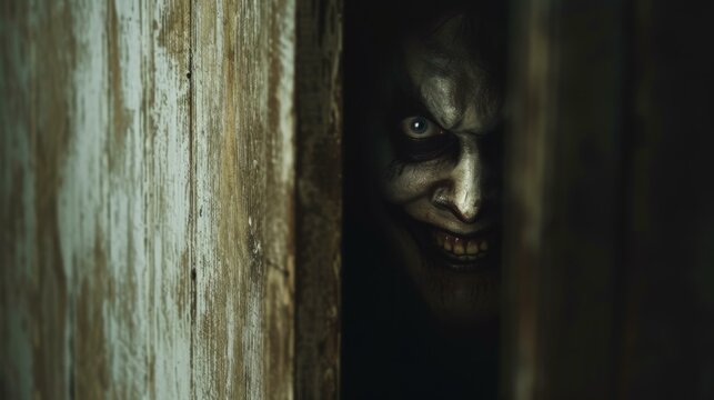 The joker is hiding behind a door. Generative AI.