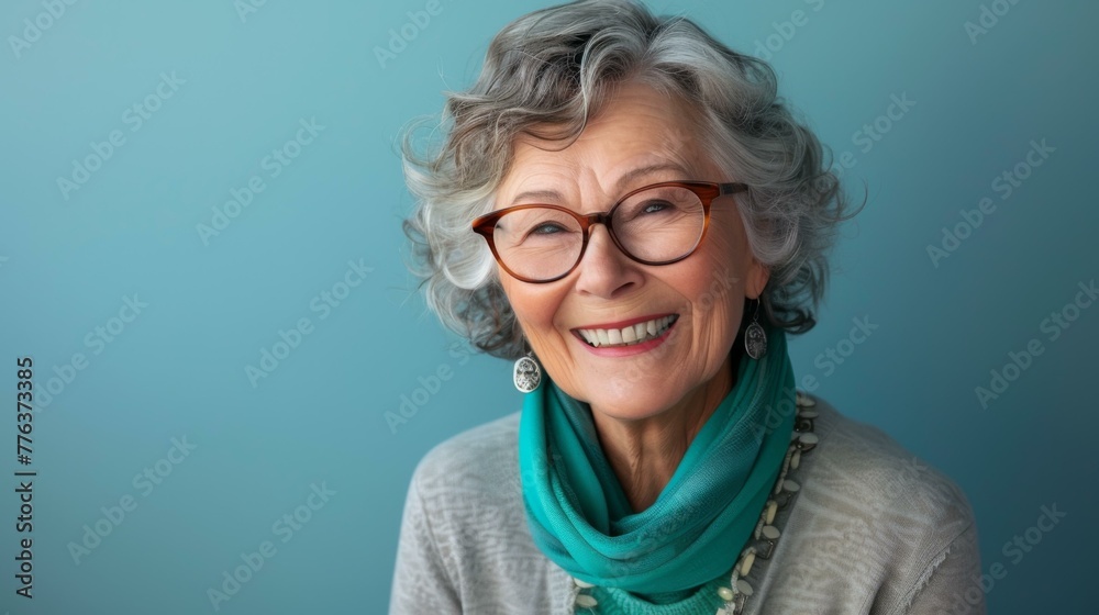 Poster An older woman with glasses and a scarf. Generative AI.