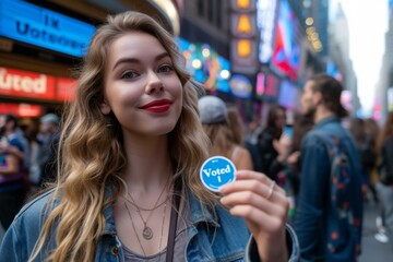 A woman holding a blue sticker in front of a crowd. Generative AI.