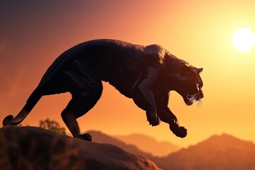 Panther on the hunt in a jump on the day of Africa against the backdrop of the rising sun. AI generated.
