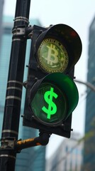 A traffic light with a green bitcoin sign on it. Generative AI.