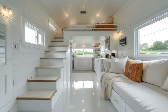 A tiny house with stairs and a couch. Generative AI.