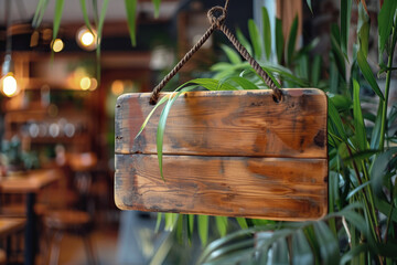 Blank wooden sign hanging in a cozy cafe inviting custom messages. Welcome, rustic, interior