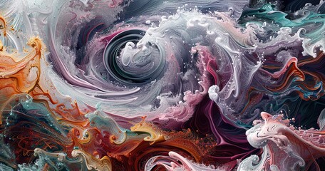 Render an image of paint waves swirling and eddying in a hypnotic pattern, with intricate details and layers of color that draw the viewer's eye into the artwork