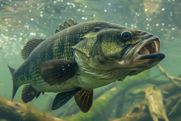 Underwater view of a large bass fish with an open mouth among aquatic plants.