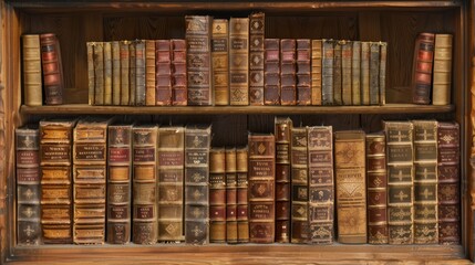Wall full shelf of ancient books and manuscripts in library room vintage style. AI generated - obrazy, fototapety, plakaty