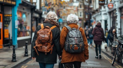 Two people walking down a street with backpacks on. Generative AI.