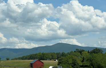 Farm Buildings in Agriculture Fields Below Mountains in Virginia USA