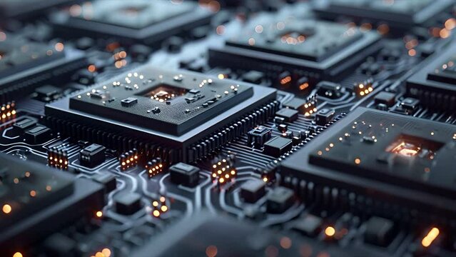 Pulling back from a black and gray futuristic circuit board with many microchips