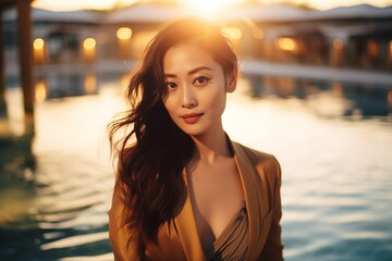 Hermosa mujer asiática elegante con piscina de fondo y luz del atardecer.