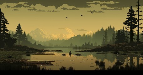 retro pixel start main screen of a stormy swamp with sunlight peaking through for platformer pixel game - obrazy, fototapety, plakaty