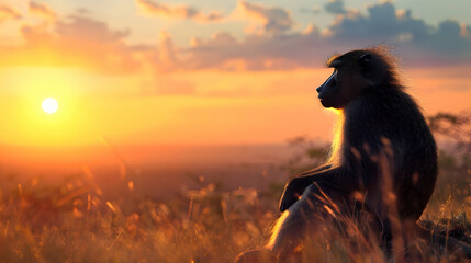 Regal baboon resting on a grassy hill, with a blurred sunset casting warm hues over the expansive...