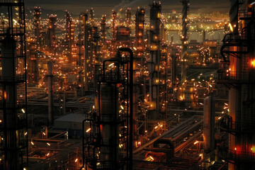 "Industrial Nightfall: A Labyrinth of Pipes and Towers Aglow in the Urban Twilight