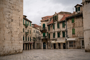 Old European Town Square with Stone Buildings