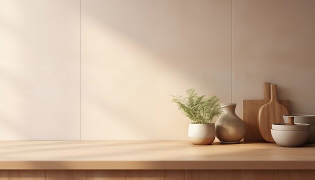 Pared beige con espacio de copia. Pared vac&iacute;a en cocina. Mockup de escena de pared para producto con luz natural.
