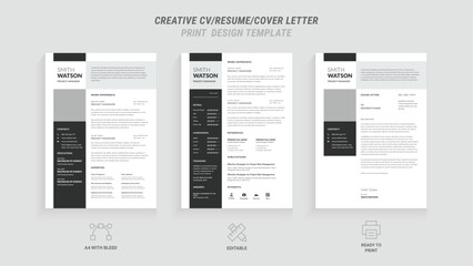 Multipurpose Clean Modern Resume, Cover Letter Design Template with Gray Header, Footer, Ideal for Business Job Applications, Minimalist CV Layout, Vector Graphic for Professional Resume, CV Design