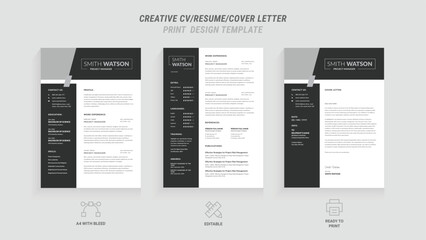 Multipurpose Clean Modern Resume, Cover Letter Design Template with Gray Header, Footer, Ideal for Business Job Applications, Minimalist CV Layout, Vector Graphic for Professional Resume, CV Design