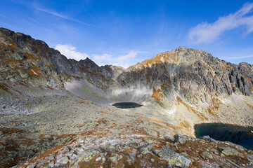 Okruhle and Capie pleso in Mlynicka dolina, High Tatras, Vysoke Tatry, Slovakia. View from Bystra lavka. Beautiful autumn and fall landscape of rocky mountains and mountain lake. Soft corners.