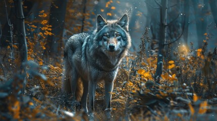 Magical Wolf animal wildlife in enchanted forest dramatic background. AI generated