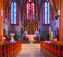 Innenansicht der katholische Pfarrkirche Herz Jesu in Kirchzell, Landkreis Miltenberg (Bayern) 