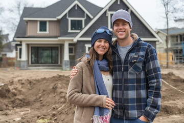 Happy cheerful couple on construction site of their future house. Starting a family, new beginning.