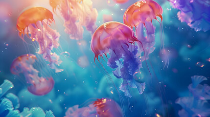 Fototapeta na wymiar Vibrant jellyfish gliding through a dreamlike underwater panorama, their vibrant hues casting a surreal aura in the tranquil sea