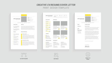 Multipurpose Clean Modern Resume, Cover Letter Design Template with Yellow Header, Ideal for Business Job Applications, Minimalist CV Layout, Vector Graphic for Professional Resume , CV Design