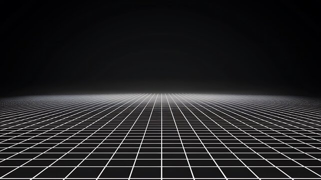3d abstract black and white background. Retrowave retro 80s 90s futuristic grey laser neon grid surface. Wireframe tunnel net in dark space isolated black Disco music template