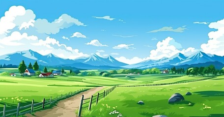 Fototapeta na wymiar rural Japanese countryside, cartoon 2d style