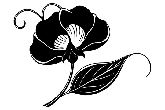 black flower with leaf on white background clip art preview
