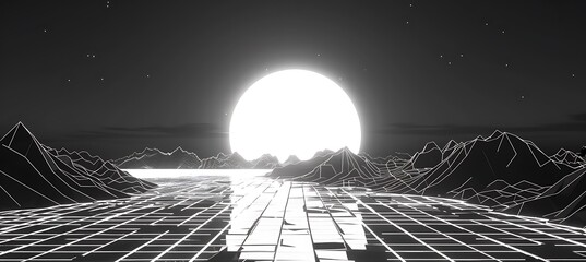 3d abstract black and white retroway. Retro 80s 90s retrowave landscape topographic. Grey mountains with neon sunset. Sci-fi y2k viral surface and space sky glowing stars