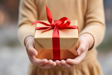 Woman holding gift box with red ribbon on blurred background. closeup