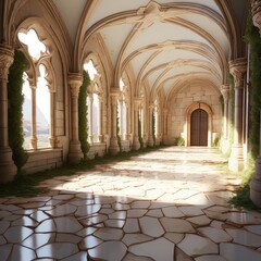 Fototapeta na wymiar hallway with open arches that lead past UHD Wallpaper