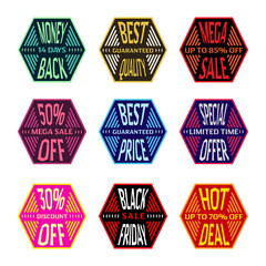 Set of nine promotional labels suitable for a mega sale, a big discount or a guarantee of the best quality for business and commerce