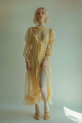 Elegant Lady in Flowing Yellow Dress and Lace. Generative AI.