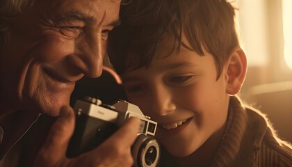 Grandfather and grandson looking at photos on an analog camer