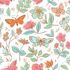Floral seamless pattern. Vector doodles, butterflies, flowers, plants. Rough sketch style - obrazy, fototapety, plakaty