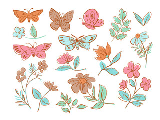 Floral set of   butterflies, flowers, plants. Rough sketch style. vector doodles