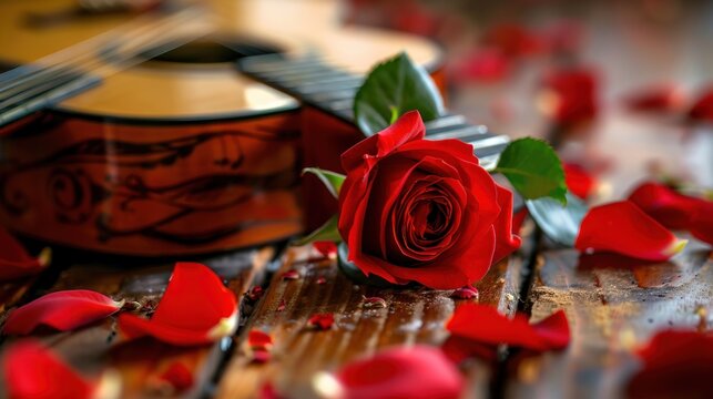 Closeup red rose and petals on the acoustic guitar for romantic scene view. AI generated image