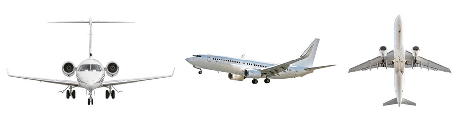 Front and aerial views of a private jet and commercial airliner, illustrating the sleek design of air travel vehicles cut out on transparent background - obrazy, fototapety, plakaty