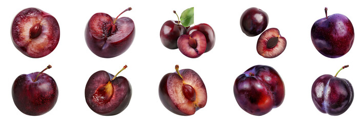 Assorted ripe plums from whole to sliced, a visual feast of succulent sweetness and nutrition cut out on transparent background