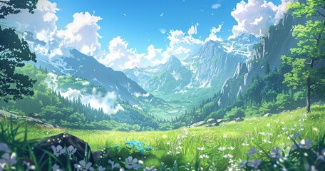 screenshot from an anime, beautiful background - obrazy, fototapety, plakaty