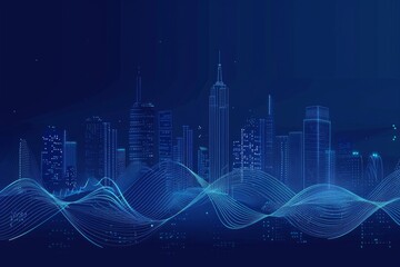 A city skyline at night with digital waves and lines representing the power of technology, symbolizing urban modernity and connectivity Generative AI