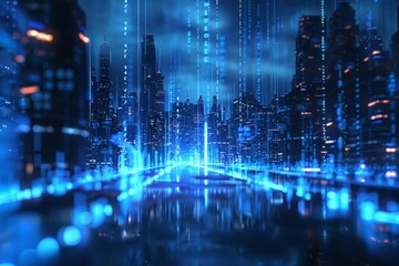 Digital cityscape with blue light waves and data streams, representing the power of technology in urban life in the style of technology Generative AI
