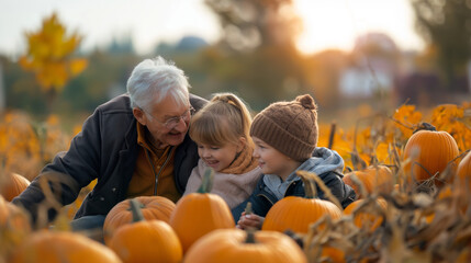 grandfather hugging grandchildren on a field of pumpkins in a sunny autumn afternoon