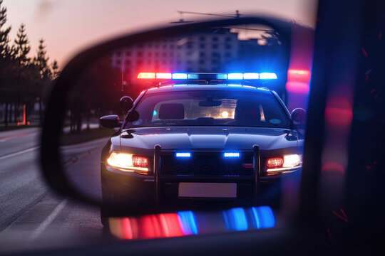 A police car with flashing lights reflected in a vehicle's rearview mirror during dusk.