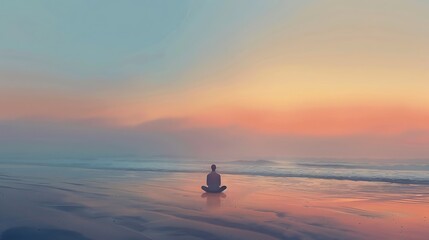 Fototapeta na wymiar A calm mindful individual meditating in a beautiful sunrise beach landscape, calm sea with low sea waves, clear scenic sky with first light of dawn, minimalist, aesthetic, zen. Generative AI